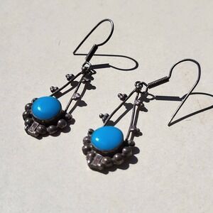 Vintage Mexico 925 Sterling Silver Turquoise Drop Earrings Blue Beaded Dangle